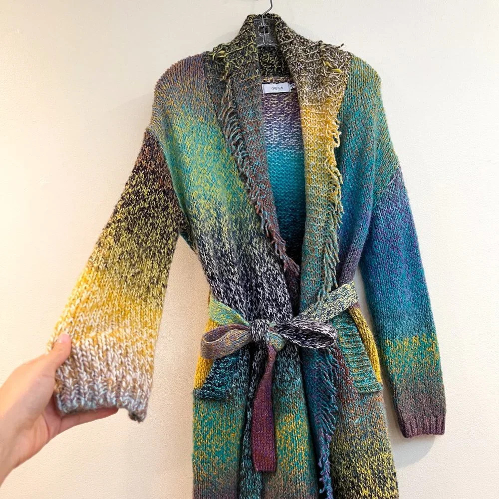 Greylin Rainbow Colorful Knit Fringe Bohemian Preppy Cardigan Tie Waist Cardigan - Picture 6 of 9